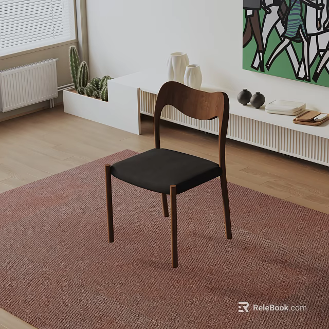 Wooden Dining Chair With Curved Backrest And Black Seat In Modern Interior Space 3d model 