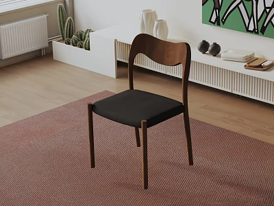 Wooden Dining Chair With Curved Backrest And Black Seat In Modern Interior Space 3d model