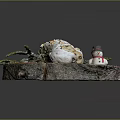 Traditional Christmas Stollen Cake on Wooden Base with Snow and Decorations