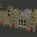 Gothic Style Stone Building With Tower Spires Blue Roof Stained Glass Windows And Red Doors