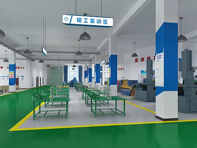 School Fitter Training Zone Featuring Green Floor Workbenches Blue Pillars And Equipment 3d model