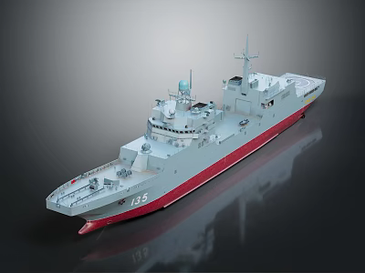 Military Warship Gray Hull Red Bottom Number 05 Antennas Deck Facilities In Studio Lighting 3d model
