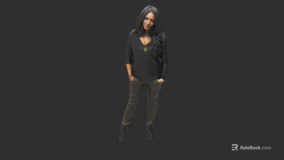 Game Character With Black Top Dark Pants And Boots Standing On Gray Background 3d model 