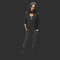 Game Character With Black Top Dark Pants And Boots Standing On Gray Background