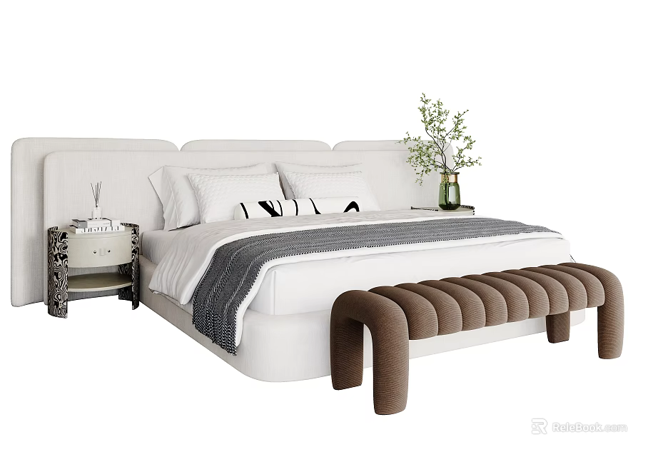 Modern Double Bed with White Headboard White Pillows Gray Throw Brown Bench Nightstand and Green Plant 3d model 