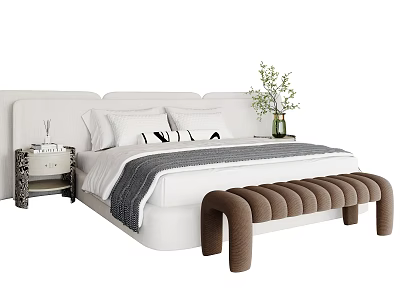 Modern Double Bed with White Headboard White Pillows Gray Throw Brown Bench Nightstand and Green Plant 3d model