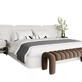 Modern Double Bed with White Headboard White Pillows Gray Throw Brown Bench Nightstand and Green Plant