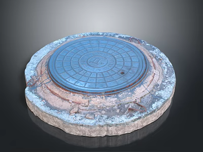 Round Blue Manhole Cover With Grate Design On Concrete Base And Worn Edges 3d model