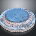 Round Blue Manhole Cover With Grate Design On Concrete Base And Worn Edges