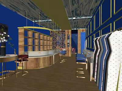 Elegant Jewelry Store Interior With Blue Walls Wooden Floors Display Shelves Counter And Hanging Lights 3d model