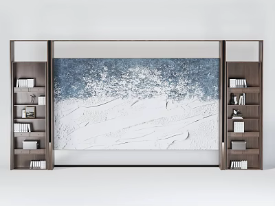 Modern Wooden Bookcase With Side Shelves Large Abstract Painting Books And Decorative Items 3d model