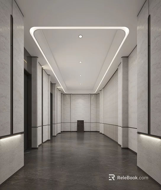 Modern Elevator Corridor Design With Marble Walls Recessed Lighting And Decorative Columns 3d model 