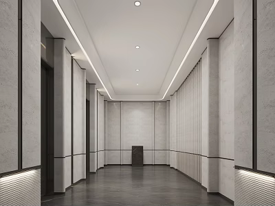Modern Elevator Corridor Design With Marble Walls Recessed Lighting And Decorative Columns 3d model