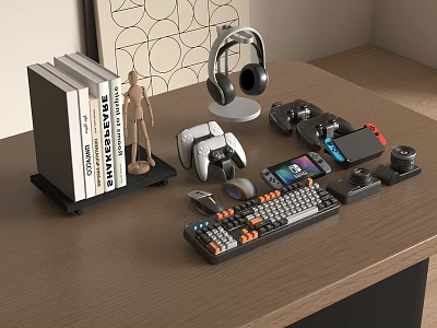 Complete Mobile Digital Desktop Setup With Game Controllers Headphones Keyboard Mouse And Phone 3d model
