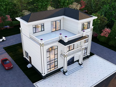 Elegant Two Story Detached Villa With White Exterior Dark Roof And Lush Greenery 3d model
