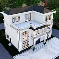 Elegant Two Story Detached Villa With White Exterior Dark Roof And Lush Greenery