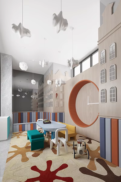 Modern Entertainment Room Interior With White Pendant Lights Wooden Wall Circular Clock And Colorful Seats 3d model