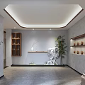 Traditional Teahouse Interior With Wooden Ceiling Tables Chairs And Tea Sets On Shelves