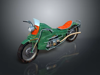 Green Motorcycle With Orange Seat Transparent Windshield Golden Exhaust And Unique Design 3d model