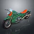Green Motorcycle With Orange Seat Transparent Windshield Golden Exhaust And Unique Design