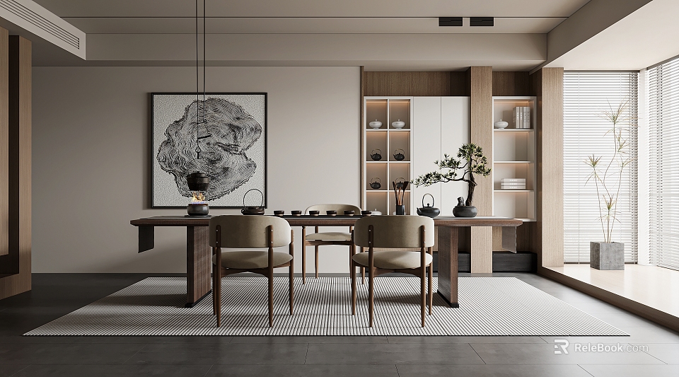 Modern Tea Room Interior Design With Wooden Table Chairs And Decorative Painting 3d model 