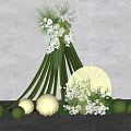 Indoor Floral Installation With Green Stems White Flowers Round Spheres And Beige Fan