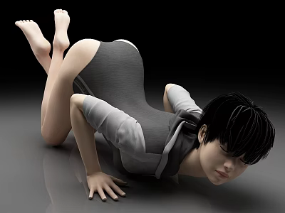 Woman In Gray White Bodysuit Lying On Floor With Black Short Hair Dynamic Pose 3d model