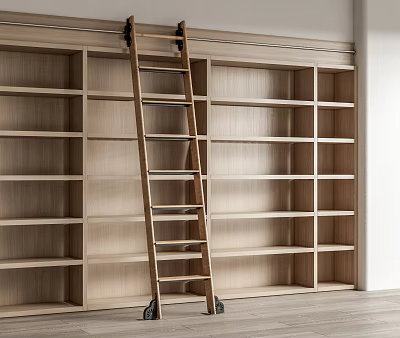 Large Wooden Open Shelves Bookcase With Rolling Ladder In Modern Interior 3d model