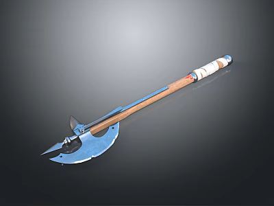 Blue Metal Battle Axe With Wooden Handle And White Wrapped Grip 3d model