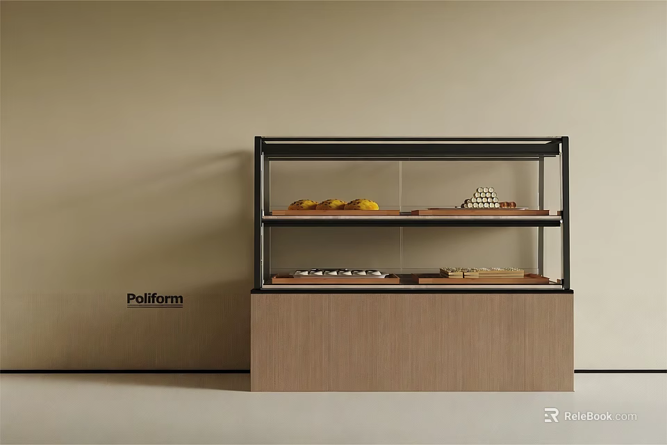 Modern Display Shelf With Wooden Base And Black Metal Frame For Pastries And Bread 3d model 
