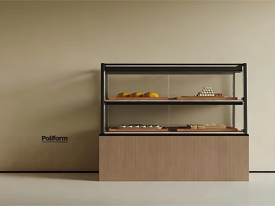 Modern Display Shelf With Wooden Base And Black Metal Frame For Pastries And Bread 3d model