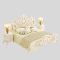 Ornate European Double Bed With Carved Headboard Light Bedding Side Nightstands Gold Lamps Beige Shades