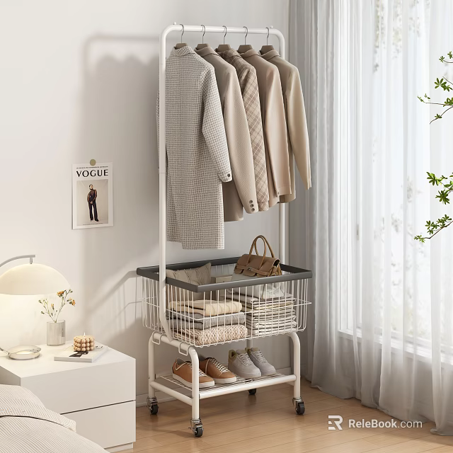 Modern Indoor Clothes Hanger With Hanging Coats Folded Clothes Storage Basket And Shoes 3d model 