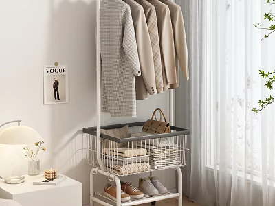 Modern Indoor Clothes Hanger With Hanging Coats Folded Clothes Storage Basket And Shoes 3d model