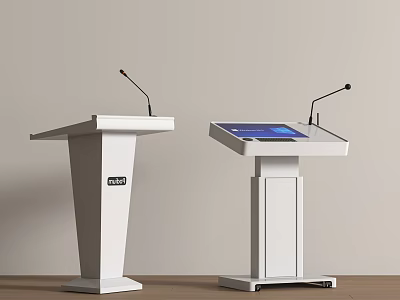 Two Modern White Presentation Lecterns One With Touchscreen Display And Microphone For Presentations 3d model
