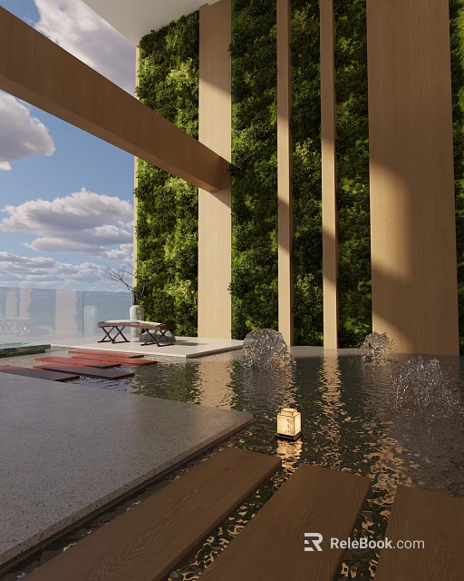 Tranquil Outdoor Leisure Area With Water Fountain Green Wall And Wooden Seating 3d model 