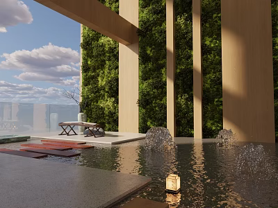 Tranquil Outdoor Leisure Area With Water Fountain Green Wall And Wooden Seating 3d model