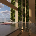 Tranquil Outdoor Leisure Area With Water Fountain Green Wall And Wooden Seating