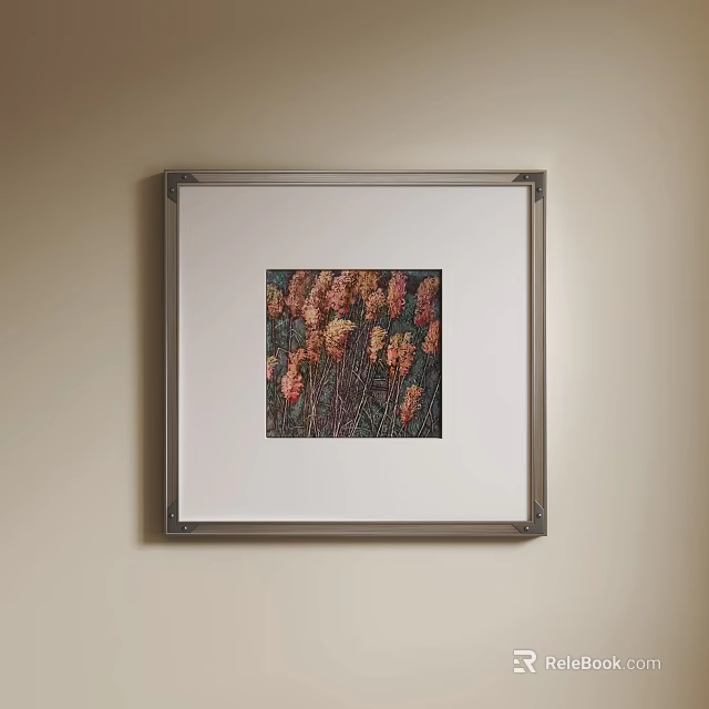 Floral Oil Painting With Red Yellow Flowers In Silver Frame On Wall 3d model 