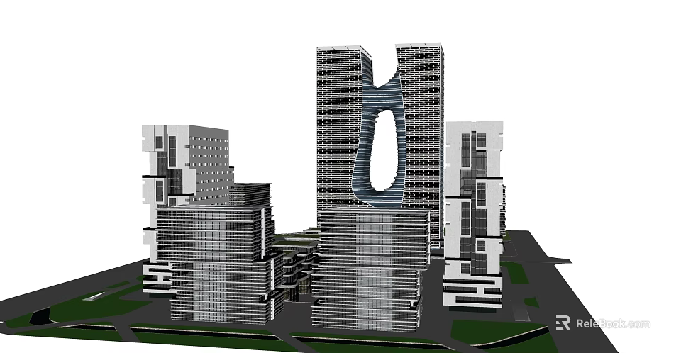 Modern Office Building Complex With Central High Rise Ring Structure And Surrounding Towers 3d model 