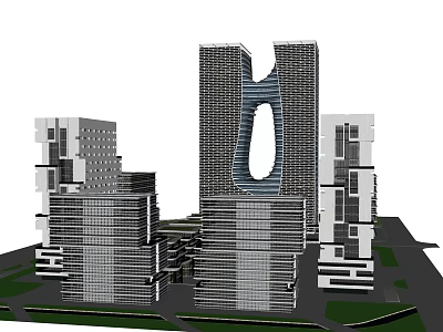 Modern Office Building Complex With Central High Rise Ring Structure And Surrounding Towers 3d model
