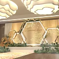 Modern Elegant Banquet Hall With Floral Arch Hexagon Decorations Stage Lighting And Greenery