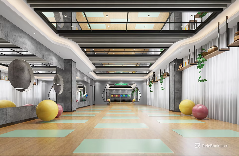 Spacious Fitness Studio With Yoga Mats And Exercise Balls 3d model 