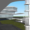 Modern Sales Office Building Featuring Glass Curtain Walls And Unique Architectural Design With Landscaped Surroundings