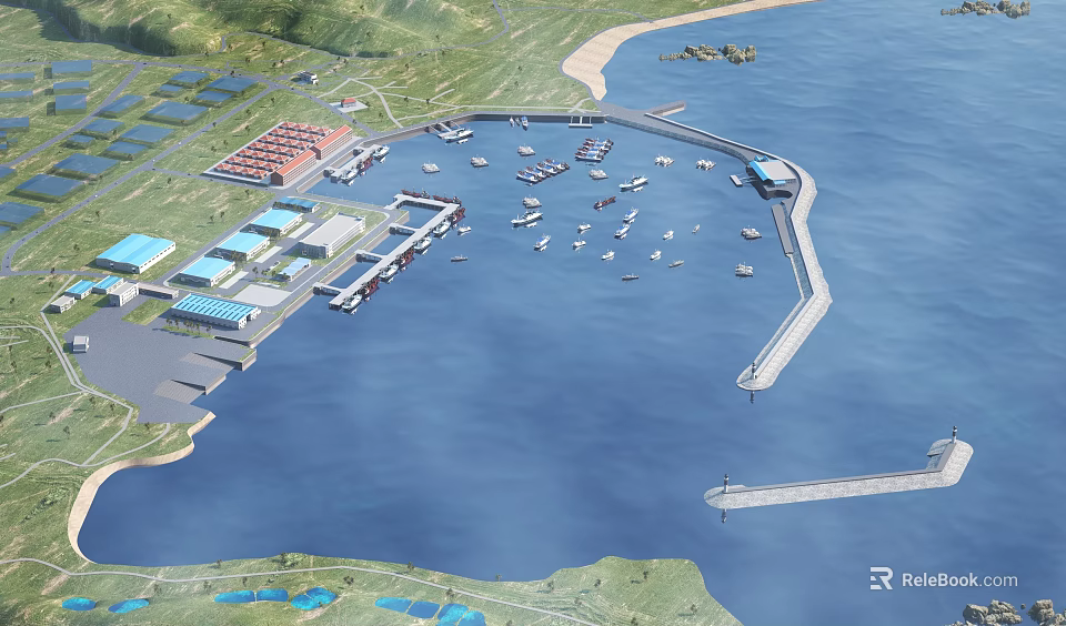 Industrial Factory Complex Along Coastal Port With Moored Ships And Storage Facilities 3d model 