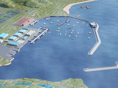 Industrial Factory Complex Along Coastal Port With Moored Ships And Storage Facilities 3d model