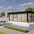 Modern Glass House Exterior with Swimming Pool and Night View Lighting