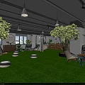 Cozy Indoor Leisure Area With Green Lawn Trees Hanging Chairs Tables And Pendant Lights