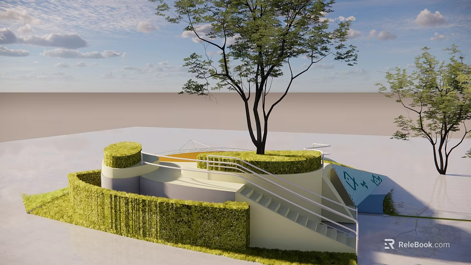 Modern Flower Bed And Planter Design With Geometric Shape Green Hedge Central Tree And Railings 3d model 
