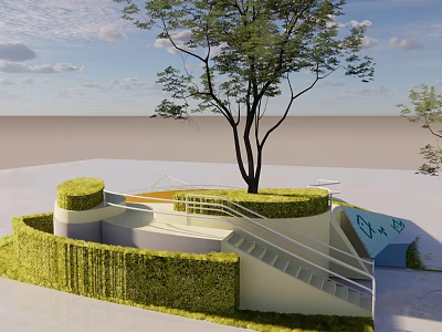 Modern Flower Bed And Planter Design With Geometric Shape Green Hedge Central Tree And Railings 3d model